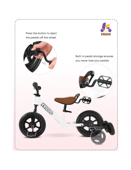 Triciclo 2-en-1 KRIDDO para Niños Blanco - Bicicleta de Equilibrio