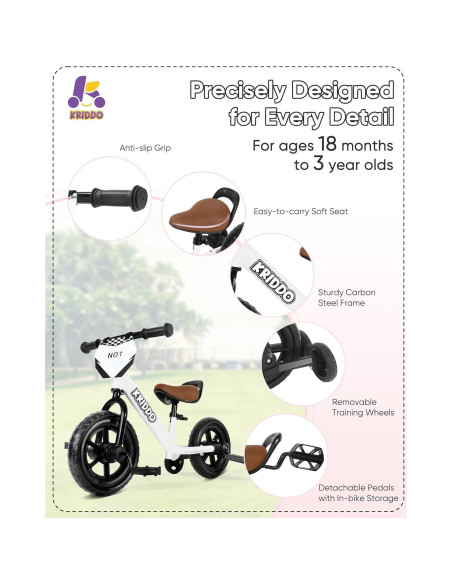 Triciclo 2-en-1 KRIDDO para Niños Blanco - Bicicleta de Equilibrio