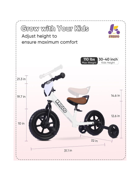 Triciclo 2-en-1 KRIDDO para Niños Blanco - Bicicleta de Equilibrio