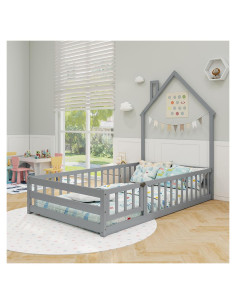 Cama Montessori de Piso DORTALA Gris con Barandilla y Casa