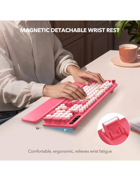 Teclado Inalámbrico Retro SABLUTE Rosa con Reposamuñecas Teclado Inalámbrico Retro SABLUTE Rosa con Reposamuñecas