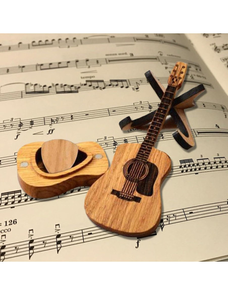 Caja de Púas de Guitarra de Madera con 6 Púas - Regalo Ideal