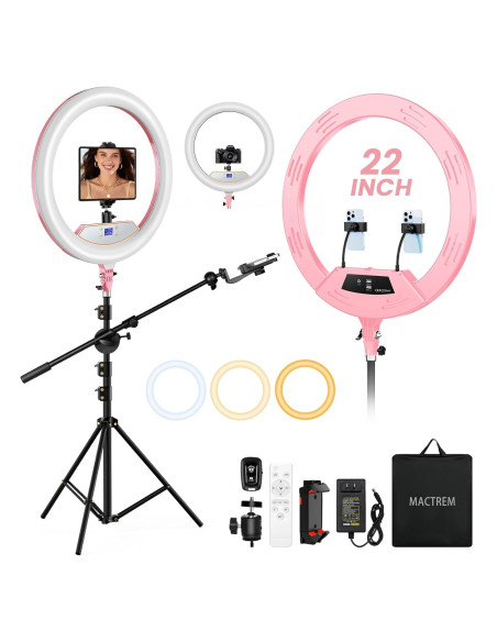Aro de Luz LED 22" MACTREM con Trípode y Soporte Rosa