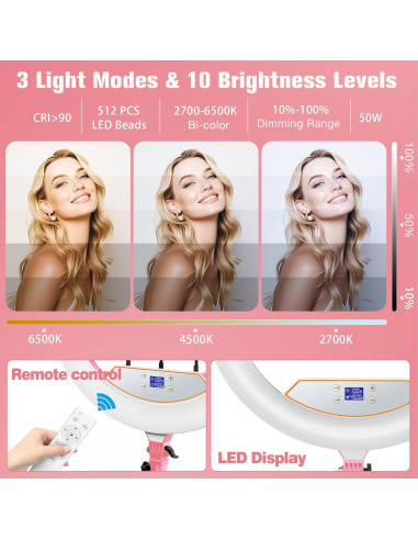 Aro de Luz LED 22" MACTREM con Trípode y Soporte Rosa