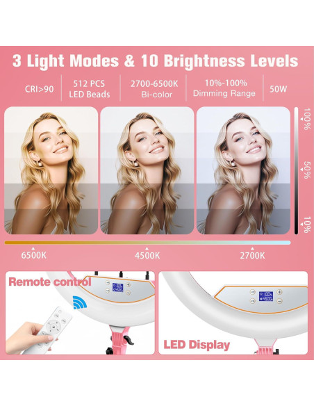 Aro de Luz LED 22" MACTREM con Trípode y Soporte Rosa