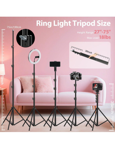 Aro de Luz LED 22" MACTREM con Trípode y Soporte Rosa