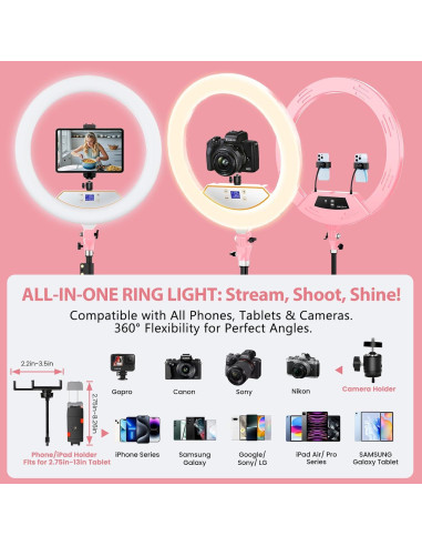 Aro de Luz LED 22" MACTREM con Trípode y Soporte Rosa