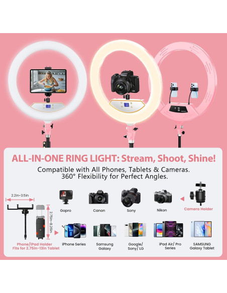 Aro de Luz LED 22" MACTREM con Trípode y Soporte Rosa