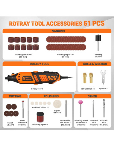 Herramienta Rotativa HARDELL 180W con 61 Accesorios y 6 Velocidades