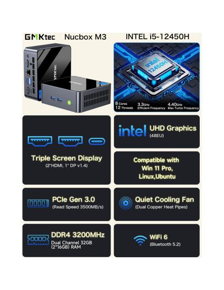 Mini PC GMKtec M3 Intel i5-12450H 32GB RAM 1TB SSD 4K