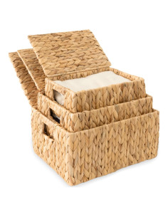 Juego de 3 Cestas de Almacenamiento KOLWOVEN con Tapa Beige