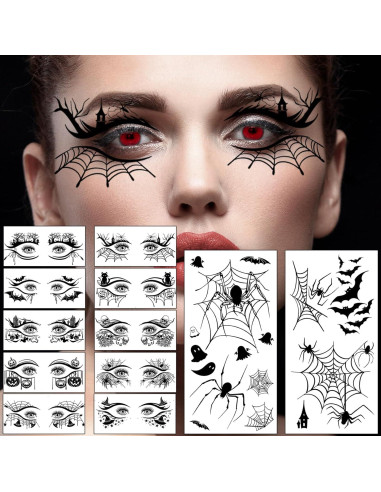 12 Hojas Tatuajes Temporales Halloween Hotoyannia - Telaraña y Murciélago