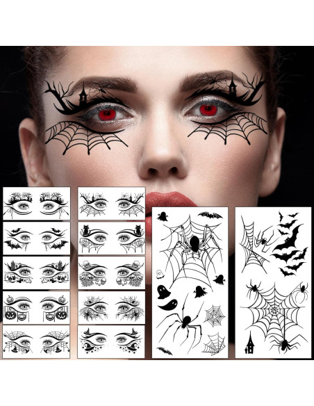 12 Hojas Tatuajes Temporales Halloween Hotoyannia - Telaraña y Murciélago