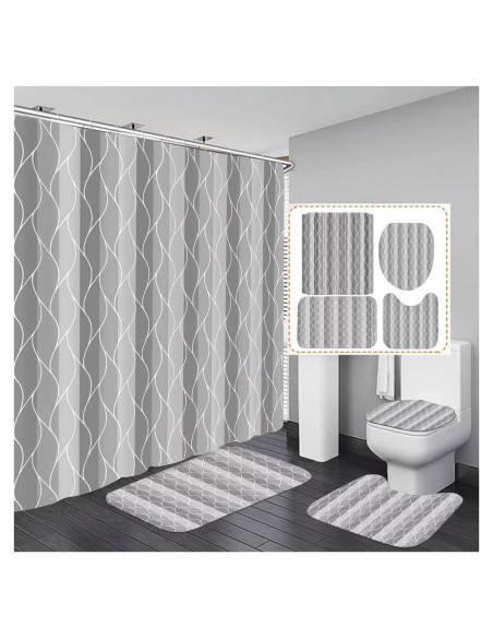 Conjunto de Cortina de Ducha y Alfombrillas DDQQ Gris