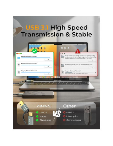 Cable AINOPE Micro B a USB C 1.5FT Trenzado Nylon 5Gbps