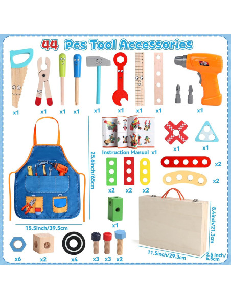 Juego de herramientas Montessori XQ para niños 3-6 años 44 piezas