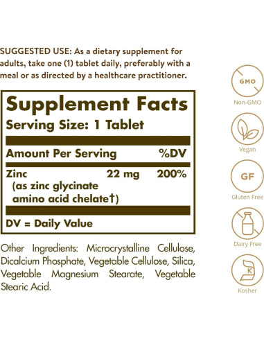 Solgar Zinc Quelado 100 Tabletas - Apoyo Inmunológico y Piel Saludable