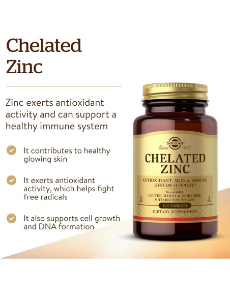 Solgar Zinc Quelado 100 Tabletas - Apoyo Inmunológico y Piel Saludable