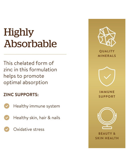 Solgar Zinc Quelado 100 Tabletas - Apoyo Inmunológico y Piel Saludable