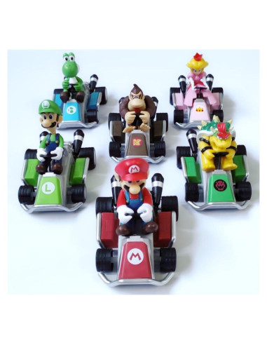 6 Coches de Tirar hacia Atrás Mario Bros - PVC 12cm