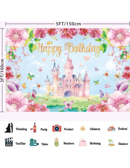 Fondo de Cumpleaños Princesa Rosa 150x100 cm LDWLYW