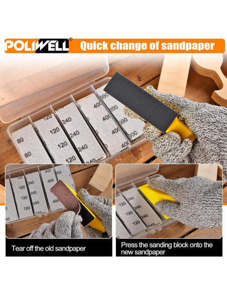 Kit de Papel de Lija Micro POLIWELL 120pcs con Bloque y Caja