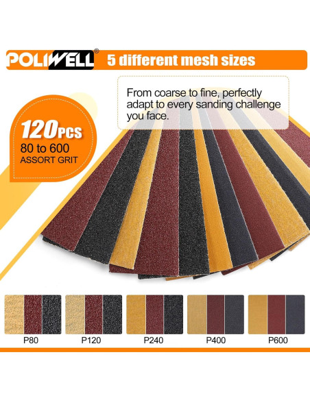 Kit de Papel de Lija Micro POLIWELL 120pcs con Bloque y Caja