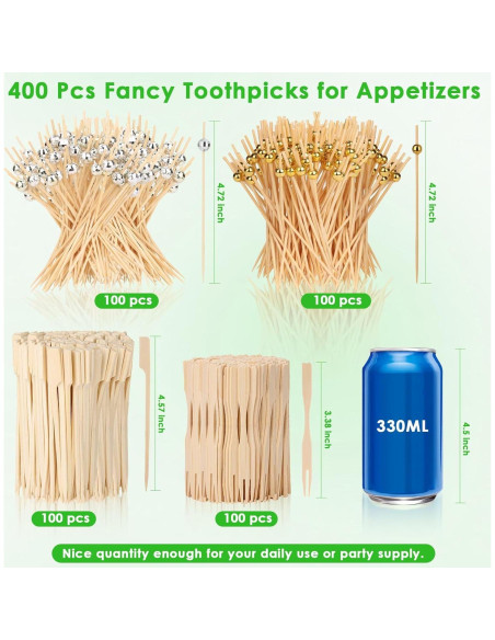400 Palillos de Cóctel de Bambú con Bola Disco Dorada 11.94 cm