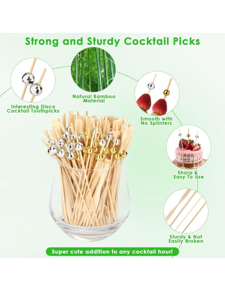 400 Palillos de Cóctel de Bambú con Bola Disco Dorada 11.94 cm