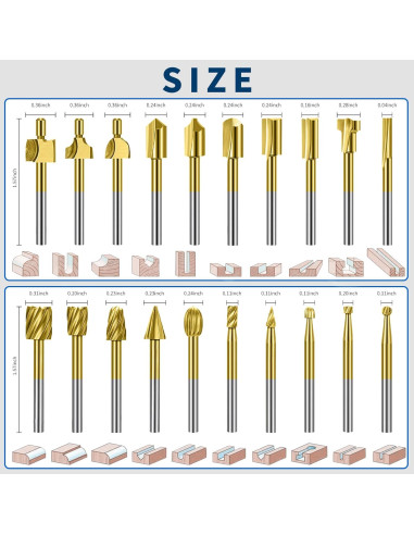 Juego de 20 Bits de Tallado en Madera Lukcase HSS Titanio 3.175mm