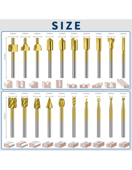 Juego de 20 Bits de Tallado en Madera Lukcase HSS Titanio 3.175mm