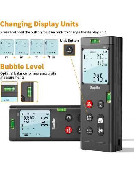 Medidor de Distancia Láser Doble Bauihr T205, 120m, Pantalla LCD