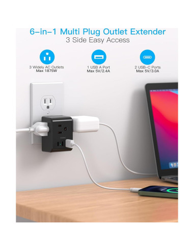 Extensor de Enchufe Múltiple One Beat 3 Salidas + 2 USB C Negro