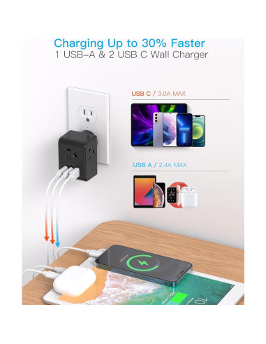 Extensor de Enchufe Múltiple One Beat 3 Salidas + 2 USB C Negro