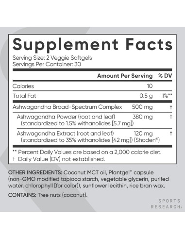 Softgels de Ashwagandha Sports Research 60 Cápsulas Veganas