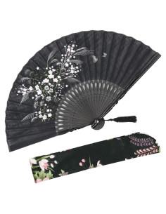 Abanico Plegable OMyTea Negro de Bambú y Seda 21x38cm