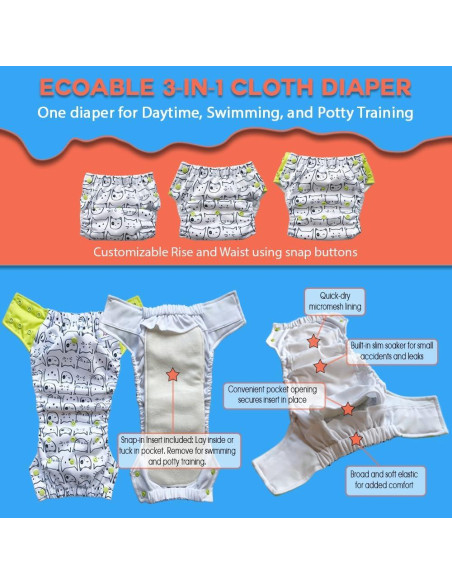 Pañal de Tela Híbrido EcoAble 3 en 1 para Niños 1-10 Años Pañal de Tela Híbrido EcoAble 3 en 1 para Niños 1-10 Años