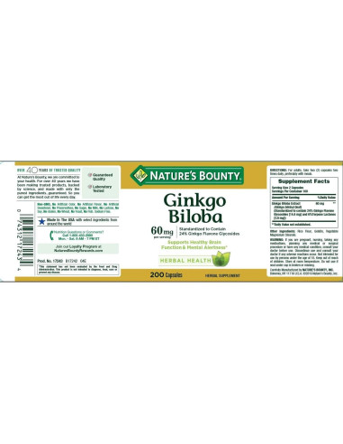 Cápsulas de Ginkgo Biloba Nature's Bounty 60mg 200 Conteo