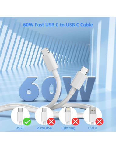 Cargador USB C Rápido 25W QUZUDN + 2 Cables 1.83m