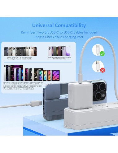 Cargador USB C Rápido 25W QUZUDN + 2 Cables 1.83m