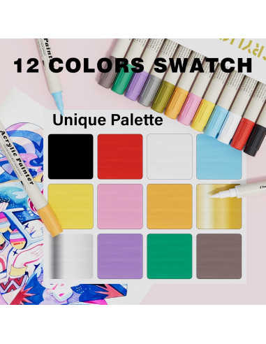 12 Marcadores Acrílicos GenuisArt Doble Punta Multicolor 0.5mm