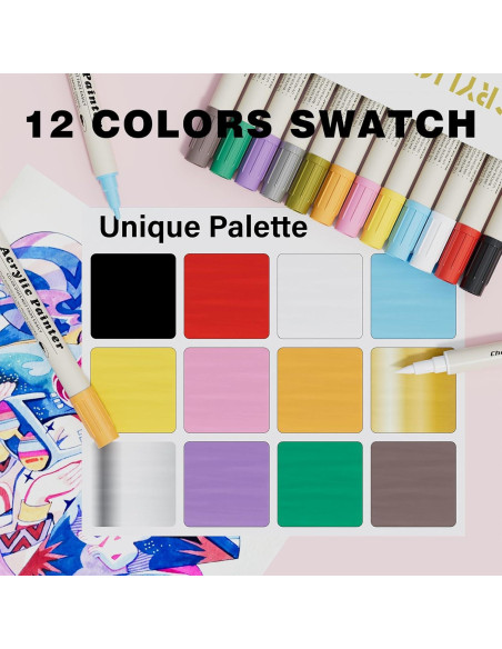 12 Marcadores Acrílicos GenuisArt Doble Punta Multicolor 0.5mm