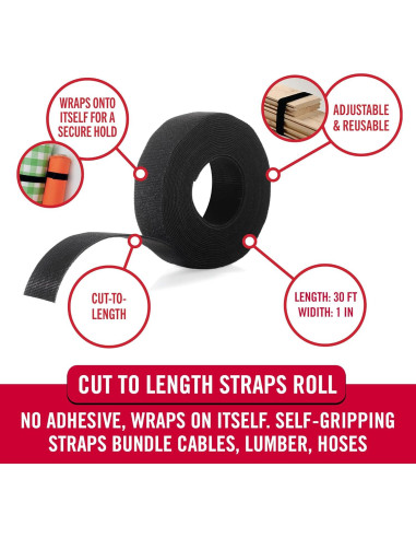 Correas Anchas VELCRO 1 pulg x 9 m Reutilizables Negro