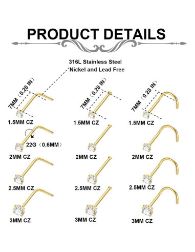 Set de 24 Anillos de Nariz Vegolita 22G Acero Inoxidable