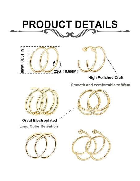 Set de 24 Anillos de Nariz Vegolita 22G Acero Inoxidable