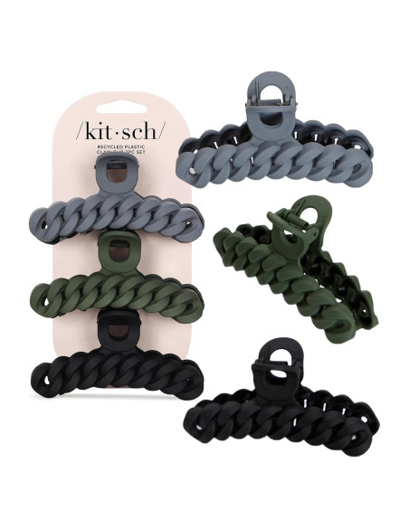 Set de Clips de Garra Grande Kitsch para Cabello Grueso (3pc) Negro/Musgo