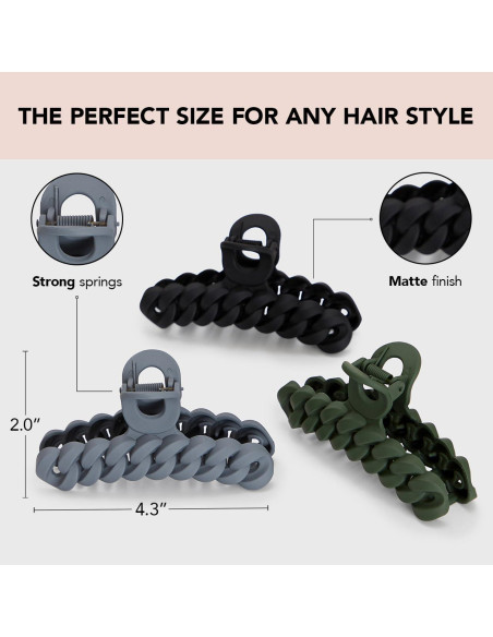 Set de Clips de Garra Grande Kitsch para Cabello Grueso (3pc) Negro/Musgo