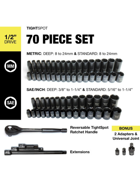 Juego de Enchufes de Impacto TIGHTSPOT 70 Piezas 1/2" Drive
