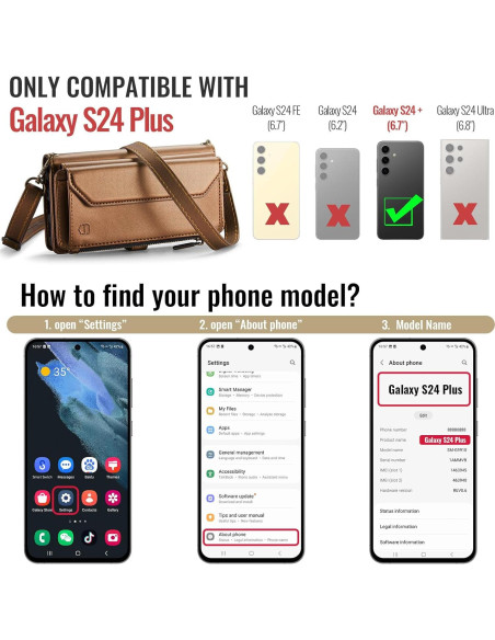 Funda de Cartera Cruzada Strapurs para Galaxy S24 Plus - Marrón