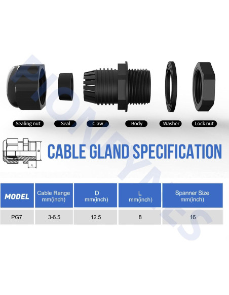 20 Conectores de Cable Impermeables PG7 PIONFYNES 3-6.5mm